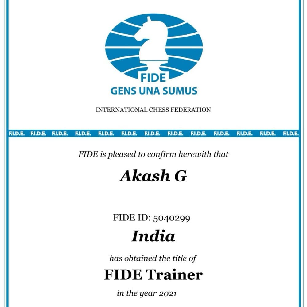 FIDE Trainer title certificate for Akash G